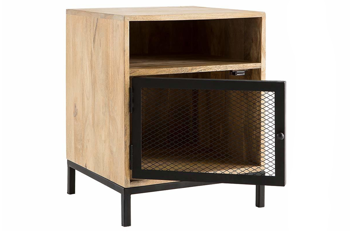Table de chevet avec rangements industriel bois manguier massif et mtal perfor RACK