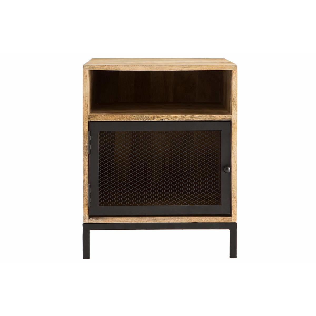 Table de chevet avec rangements industriel bois manguier massif et métal perforé RACK Table de chevet avec rangements industriel bois manguier massif et métal perforé RACK