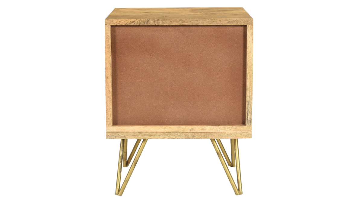 Table de chevet avec rangements manguier massif gravé et métal doré L40 cm LINUM