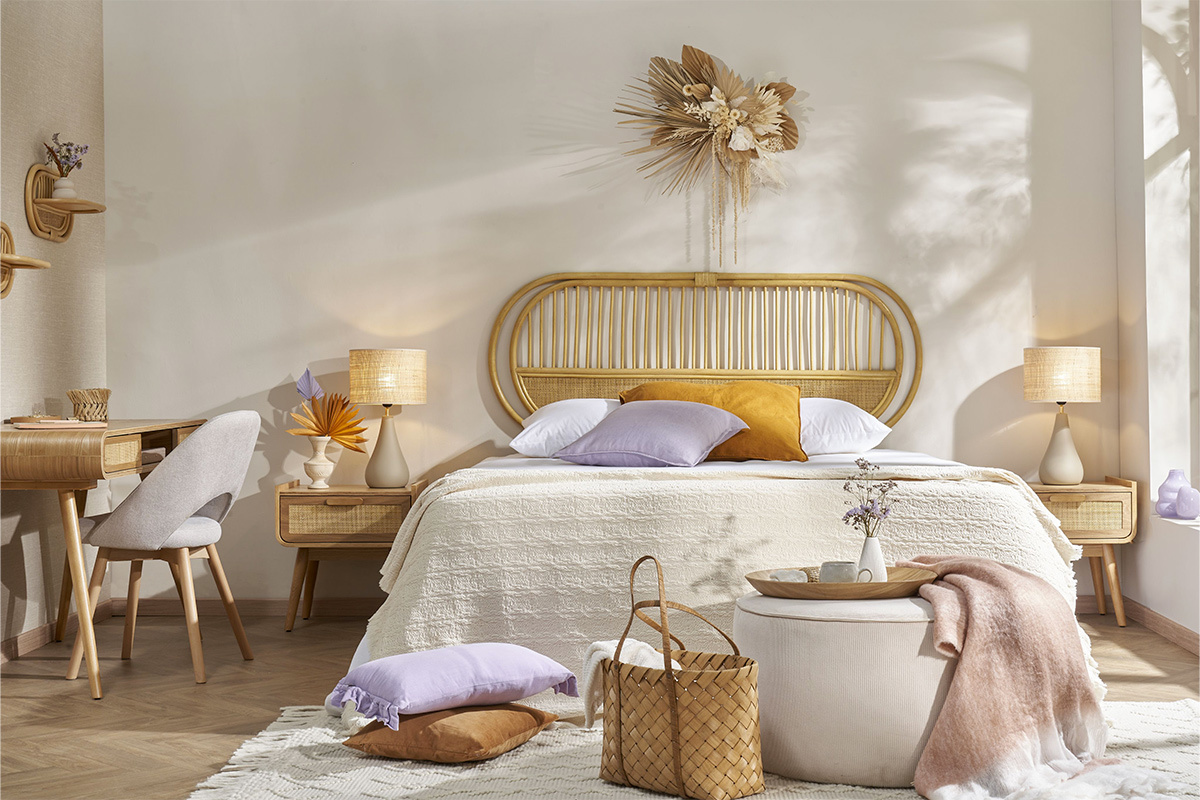 Table de chevet avec tiroir en bois clair frne et cannage rotin ATHNE