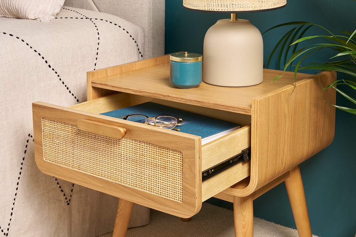 Table de chevet avec tiroir en bois clair frne et cannage rotin ATHNE