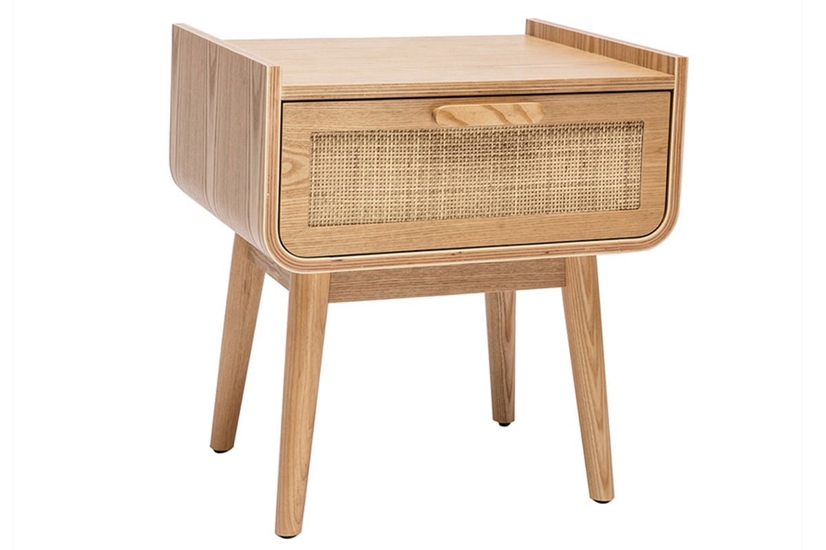 Table de chevet avec tiroir en bois clair frne et cannage rotin ATHNE