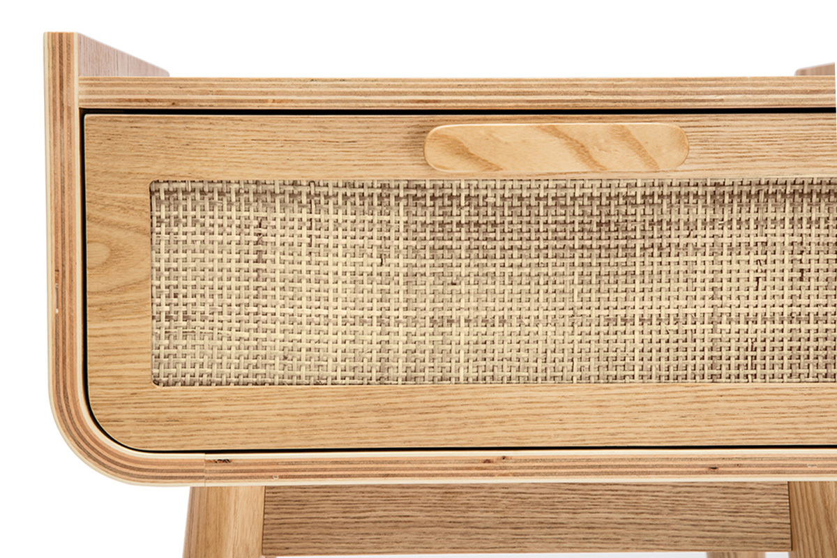 Table de chevet avec tiroir en bois clair frne et cannage rotin ATHNE