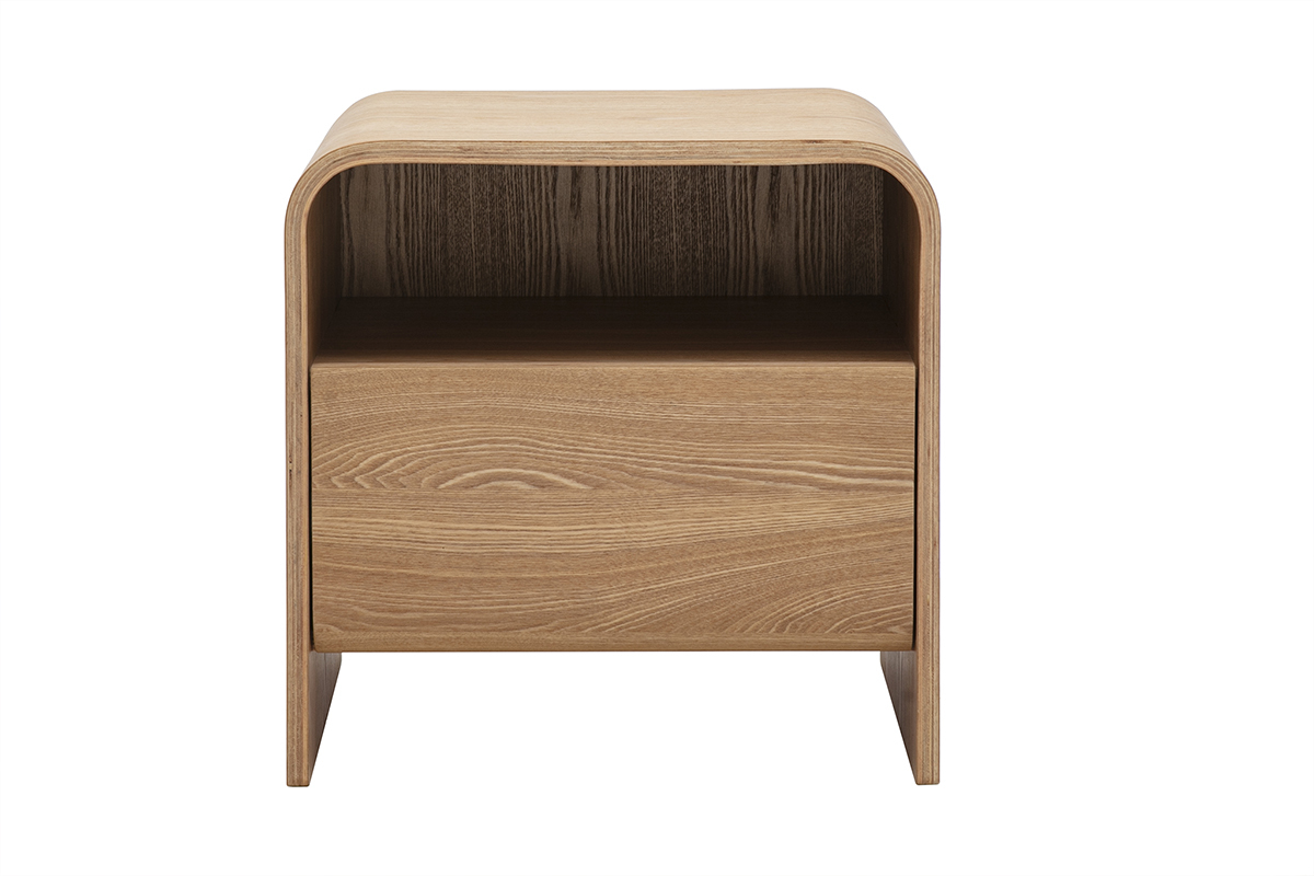 Table de chevet KYLIA en bois clair fr�ne, vue de face avec tiroir et niche ouverte.