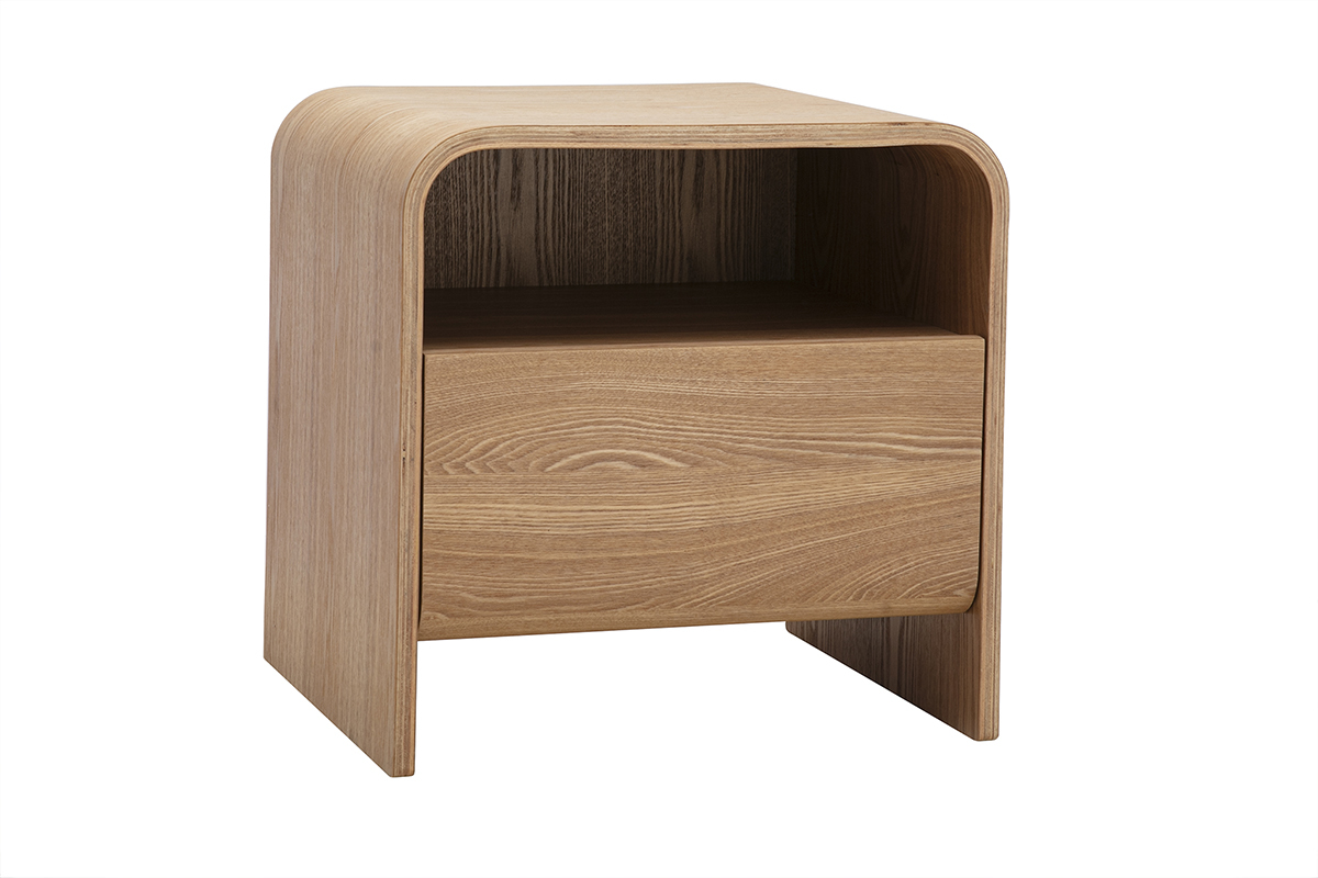 Table de chevet en bois clair fr�ne KYLIA avec tiroir et niche ouverte, vue de 3/4