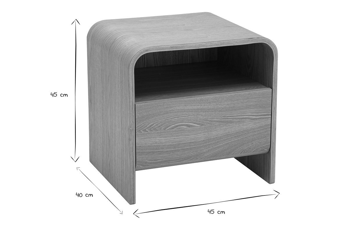 Dimensions de la table de chevet KYLIA : L45 x P40 x H45 cm, en noir et blanc.