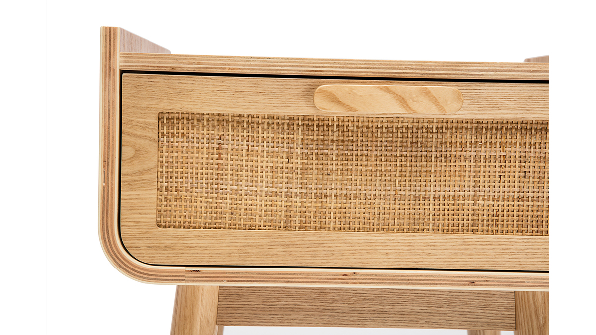 Table de chevet avec tiroir en bois clair massif et cannage rotin L50 cm ATHNE