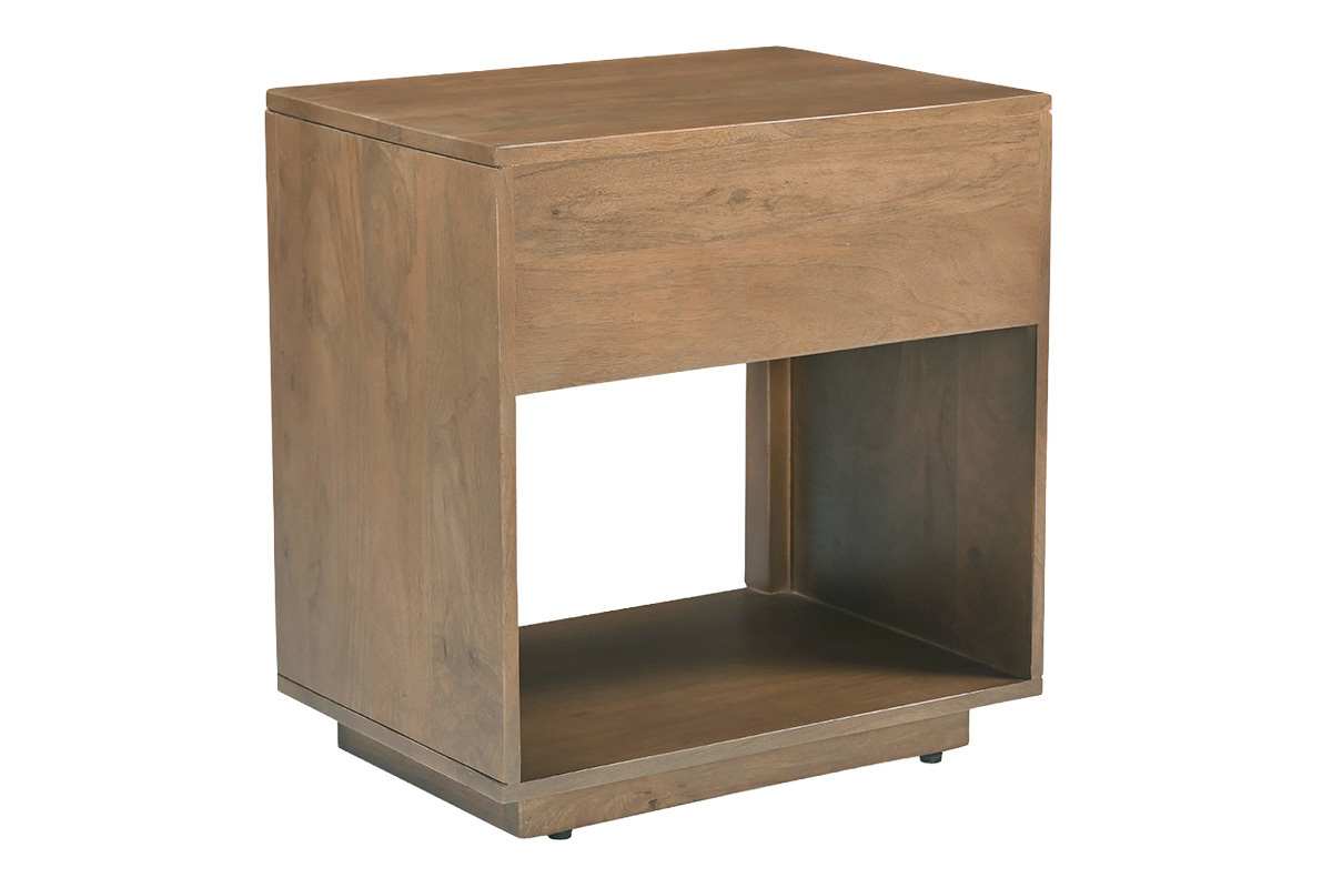 Table de chevet ALDA en bois de manguier massif avec tiroir et niche ouverte, vue de dos.
