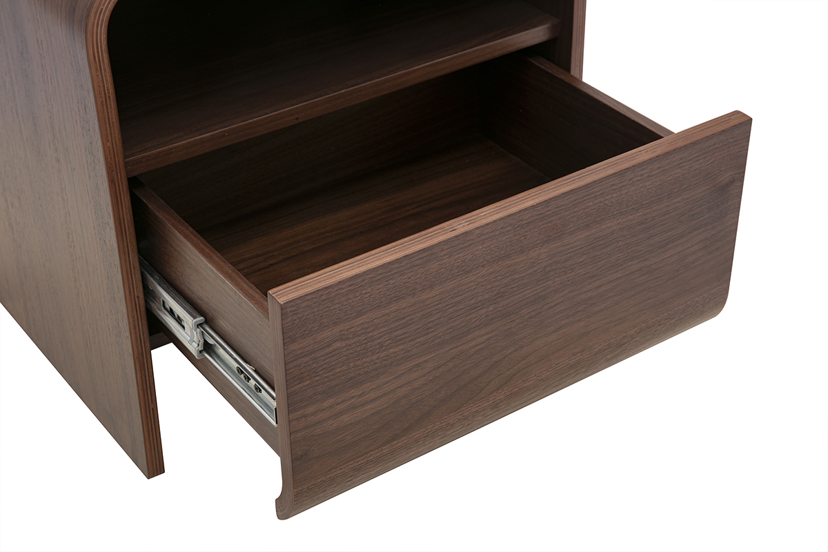 Table de chevet KYLIA en bois fonc� noyer, vue avec tiroir ouvert.