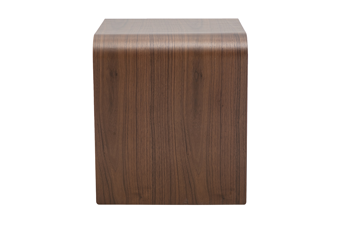 Table de chevet KYLIA en bois fonc� noyer, vue de profil, avec courbes douces.