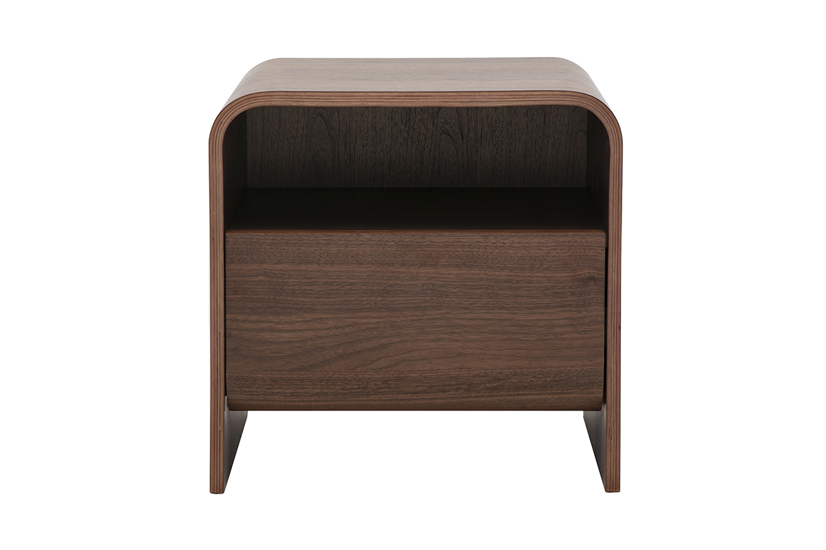 Table de chevet en bois fonc� noyer avec tiroir, vue de face, design �pur� et courbes douces.
