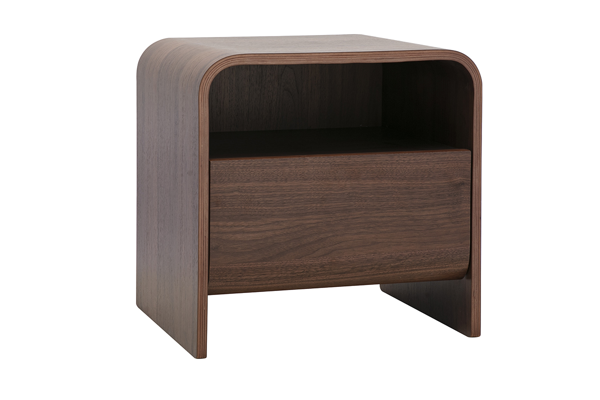 Table de chevet KYLIA en bois fonc� noyer avec tiroir et niche ouverte, vue de 3/4.