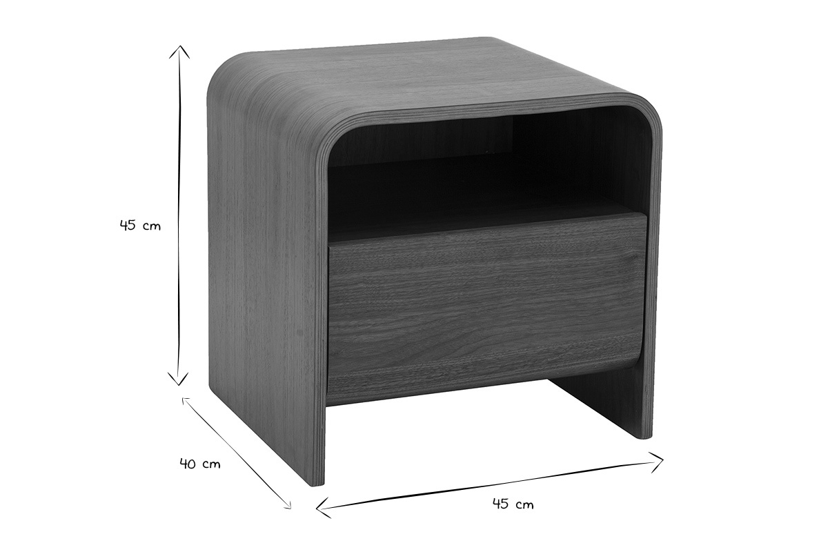 Table de chevet KYLIA en noir et blanc avec dimensions L45 x P40 x H45 cm, vue de trois quarts.