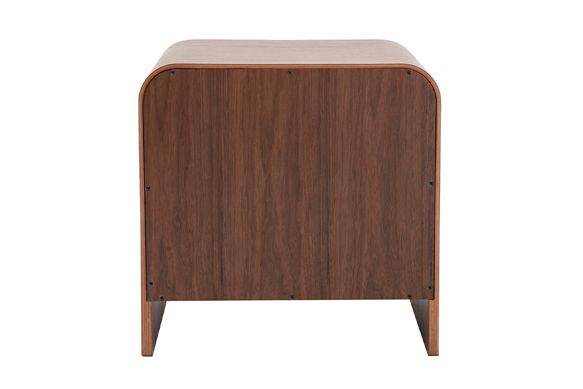 Table de chevet KYLIA en bois fonc� noyer, vue arri�re, silhouette compacte et courb�e.