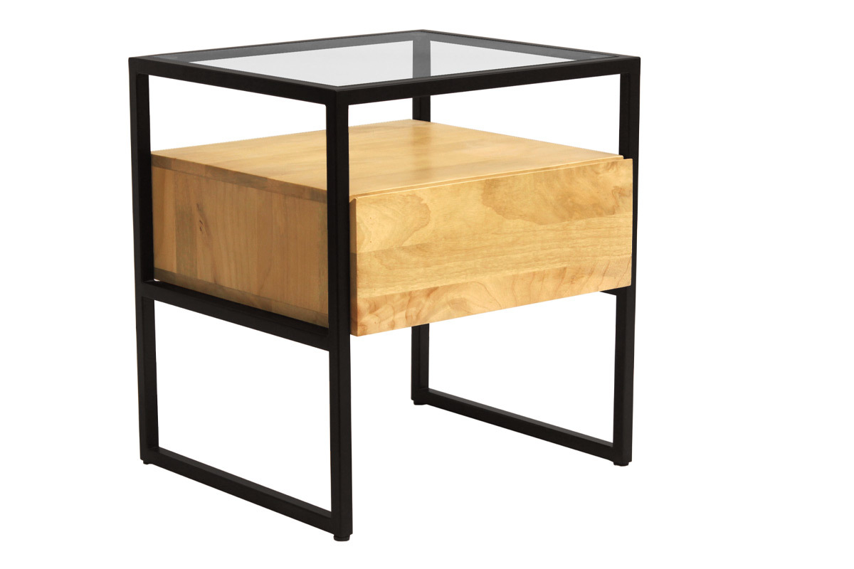 Table de chevet avec tiroir en bois manguier massif, verre et mtal noir DIYA