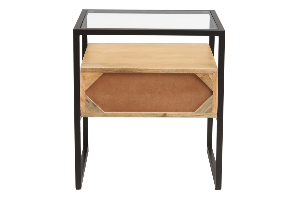 Table de chevet avec tiroir en bois manguier massif, verre et mtal noir DIYA