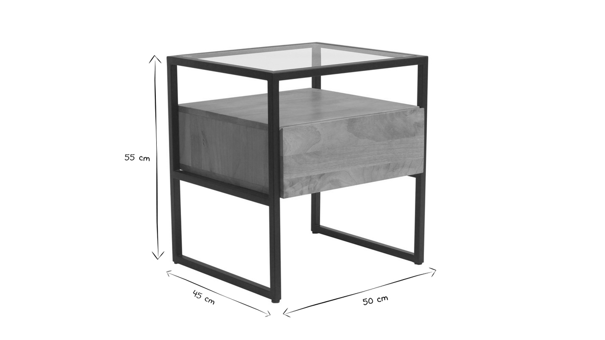 Table de chevet avec tiroir en bois manguier massif, verre et métal noir L50 cm DIYA