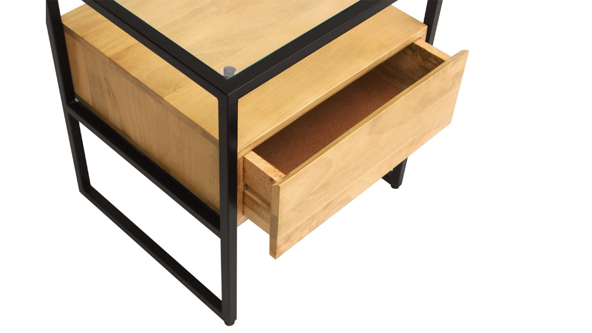 Table de chevet avec tiroir en bois manguier massif, verre et mtal noir L50 cm DIYA