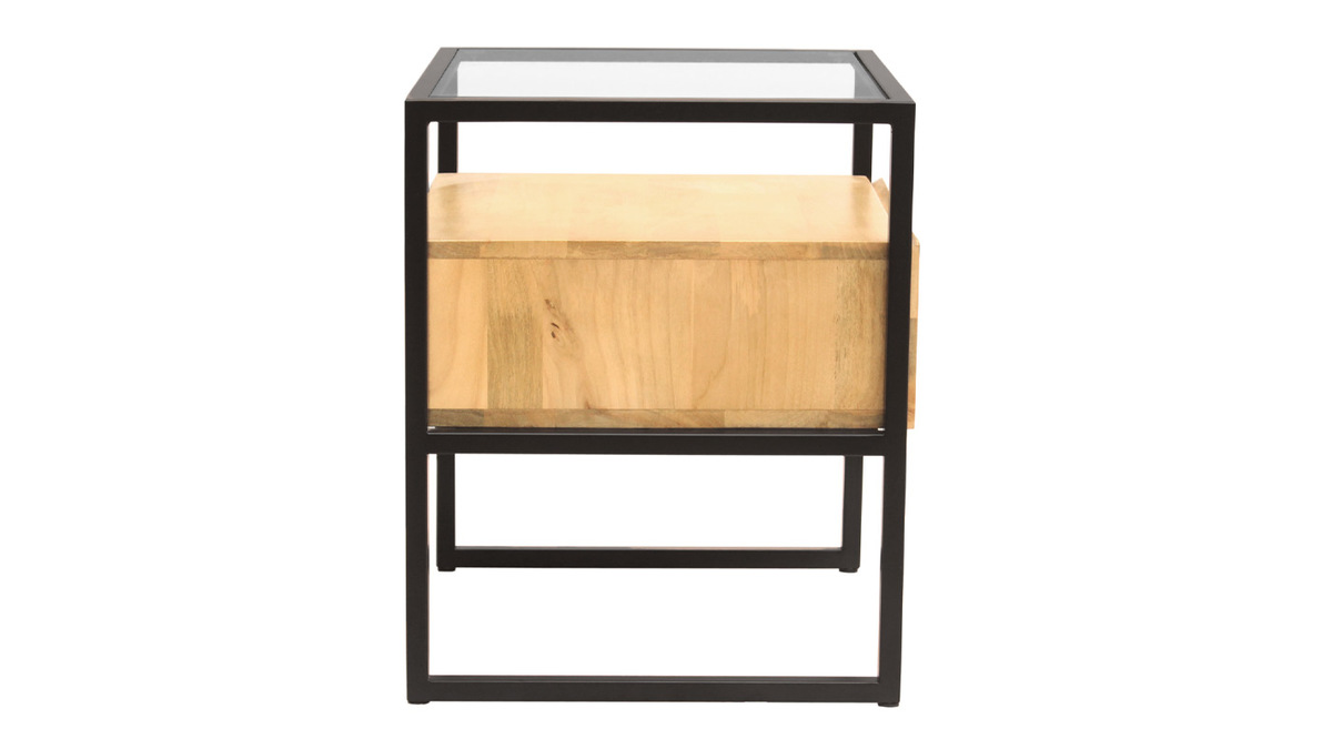 Table de chevet avec tiroir en bois manguier massif, verre et mtal noir L50 cm DIYA