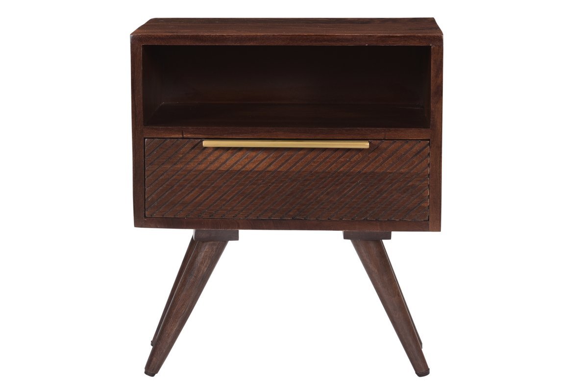 Table de chevet avec tiroir grav� bois fonc� manguier massif L42 cm REKHA