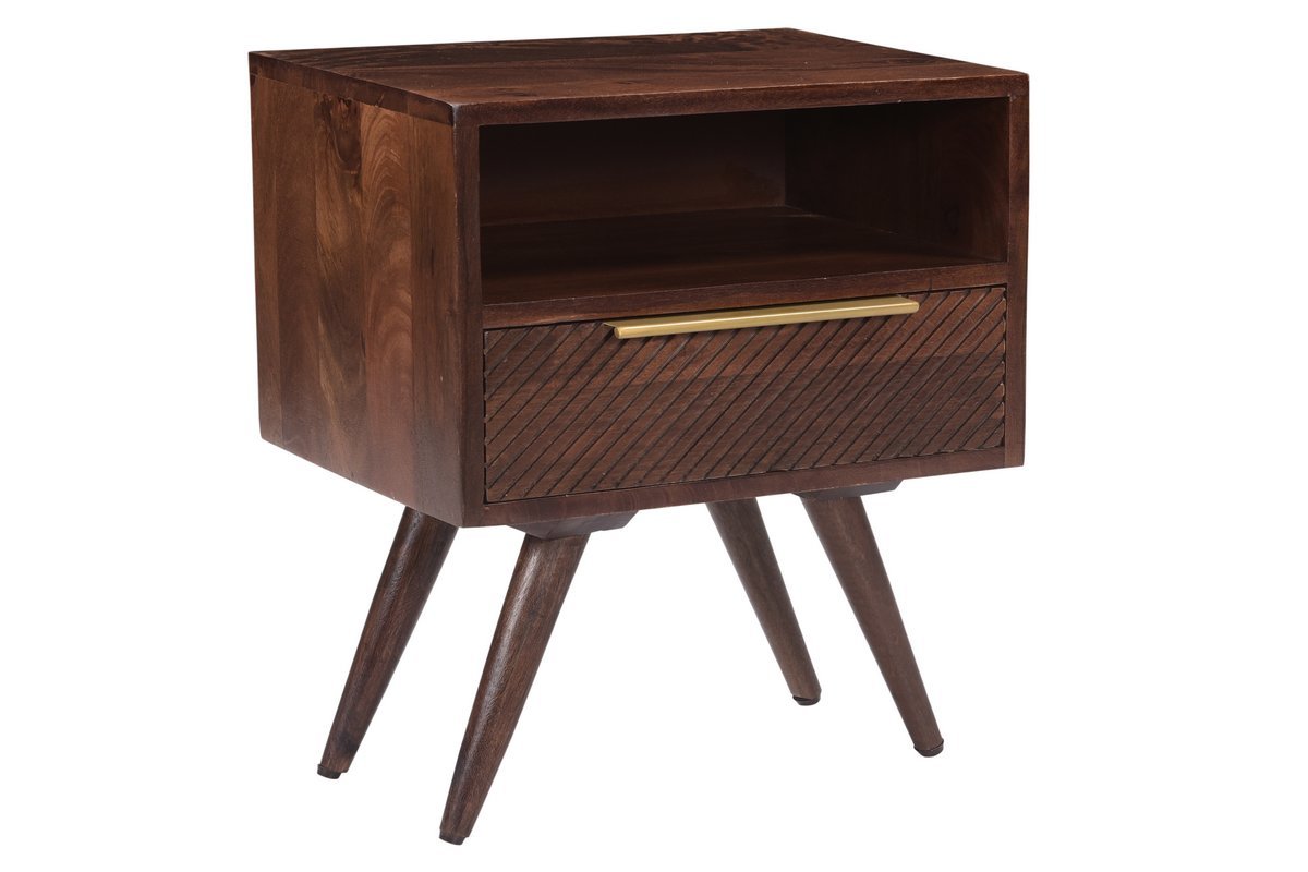 Table de chevet avec tiroir grav� bois fonc� manguier massif L42 cm REKHA
