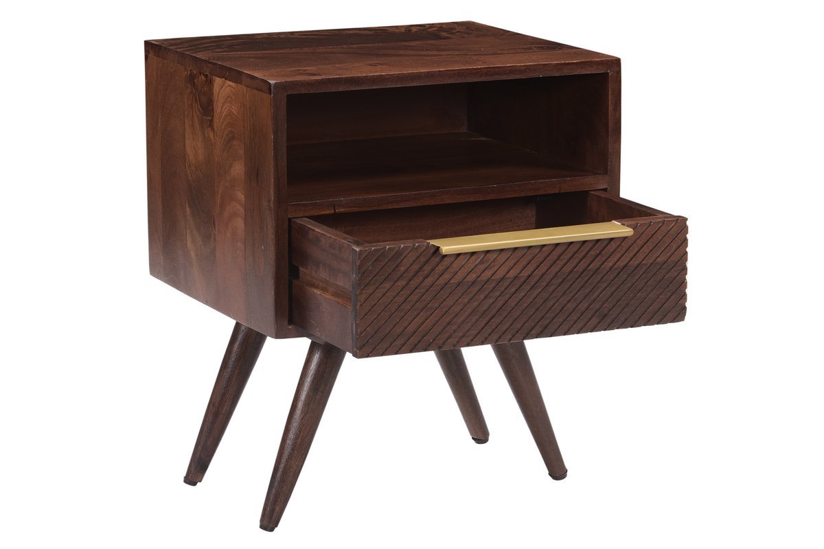 Table de chevet avec tiroir grav� bois fonc� manguier massif L42 cm REKHA