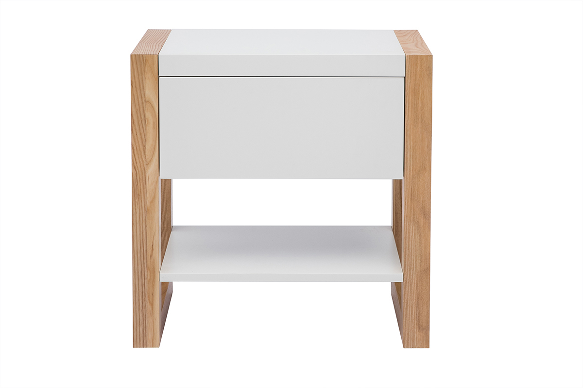 Table de chevet blanc et bois clair frne massif ARMEL