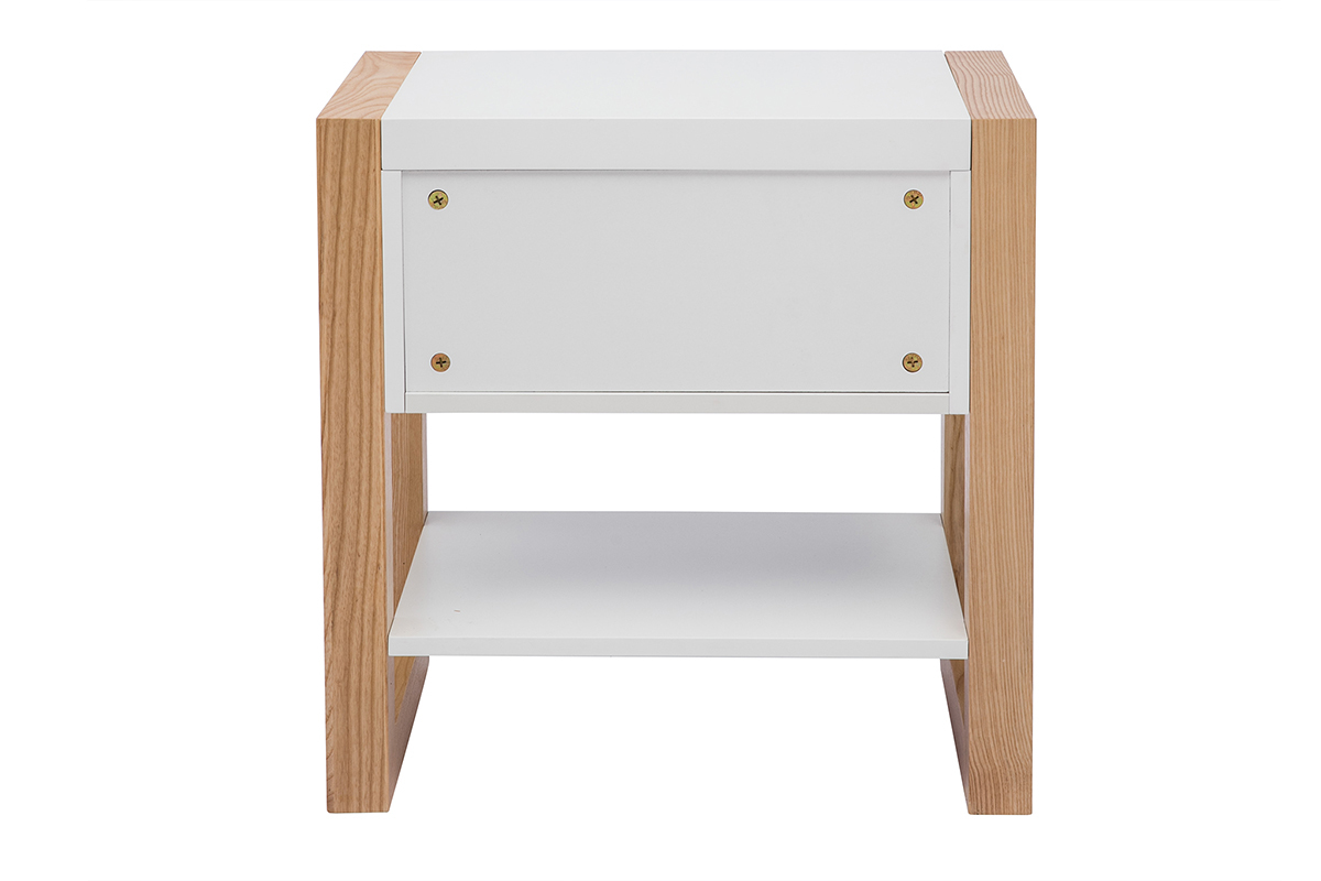 Table de chevet blanc et bois clair frne massif ARMEL