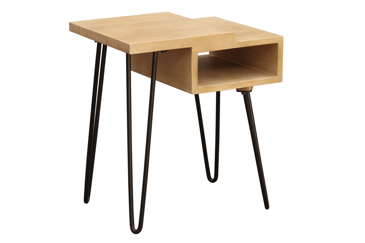 Table de chevet bois clair manguier massif et m�tal noir L45 cm VIBES