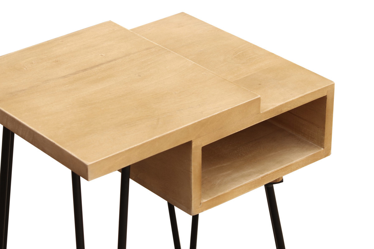 Table de chevet bois clair manguier massif et m�tal noir L45 cm VIBES