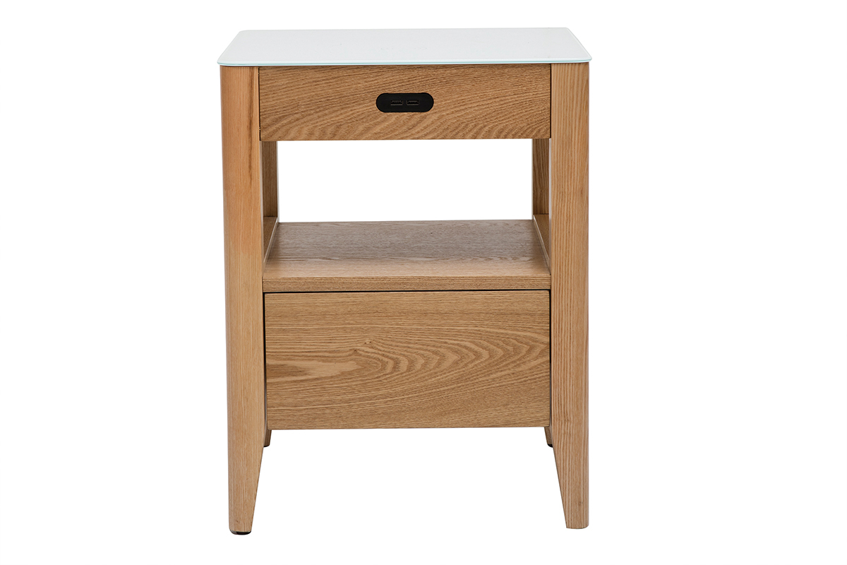 Table de chevet connect�e multim�dia en verre tremp� blanc et bois clair L40 cm TEMPO