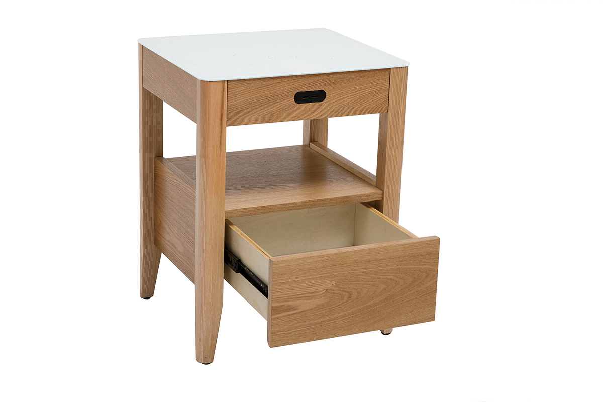 Table de chevet connect�e multim�dia en verre tremp� blanc et bois clair L40 cm TEMPO