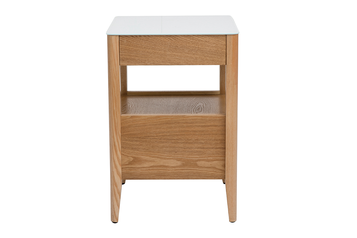 Table de chevet connect�e multim�dia en verre tremp� blanc et bois clair L40 cm TEMPO