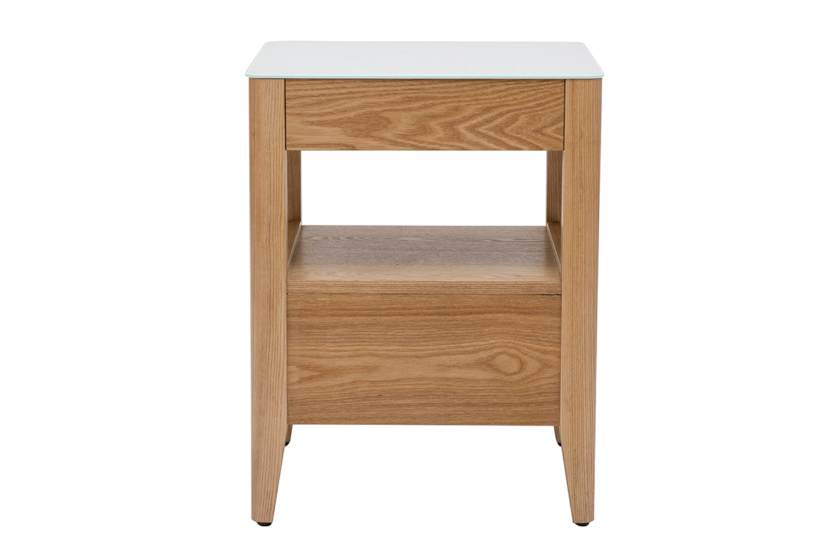 Table de chevet connect�e multim�dia en verre tremp� blanc et bois clair L40 cm TEMPO