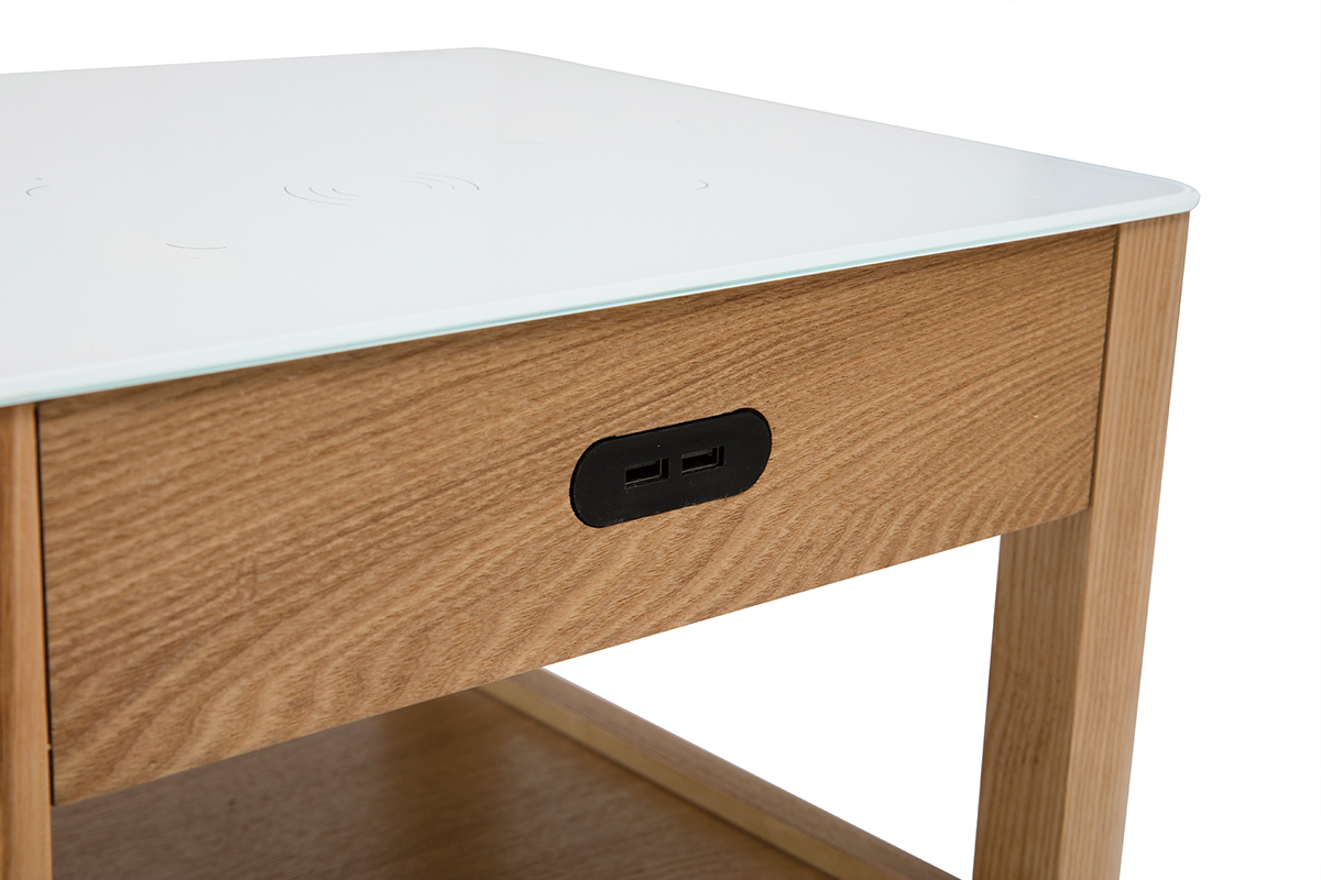 Table de chevet connect�e multim�dia en verre tremp� blanc et bois clair L40 cm TEMPO