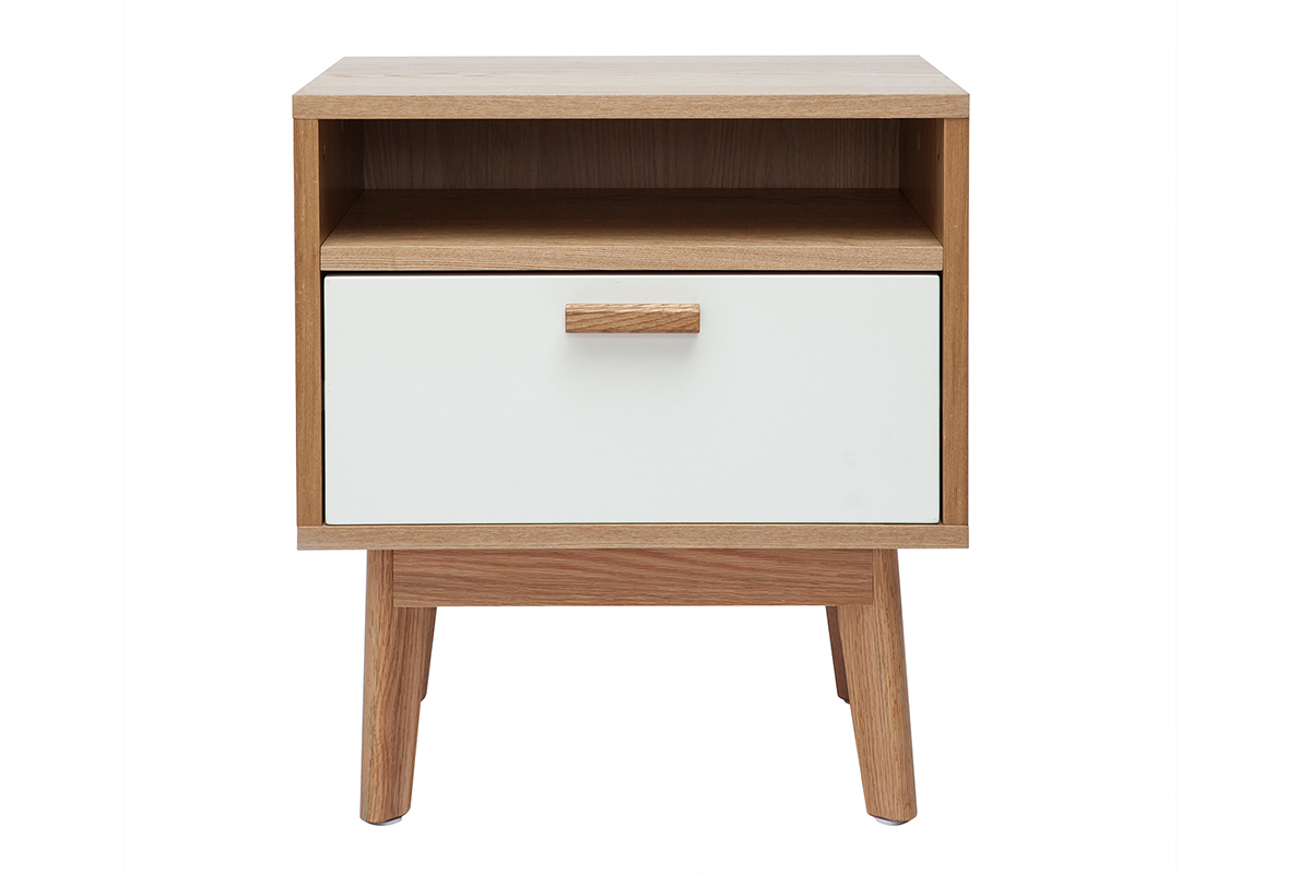 Table de chevet design scandinave blanc et ch�ne HELIA