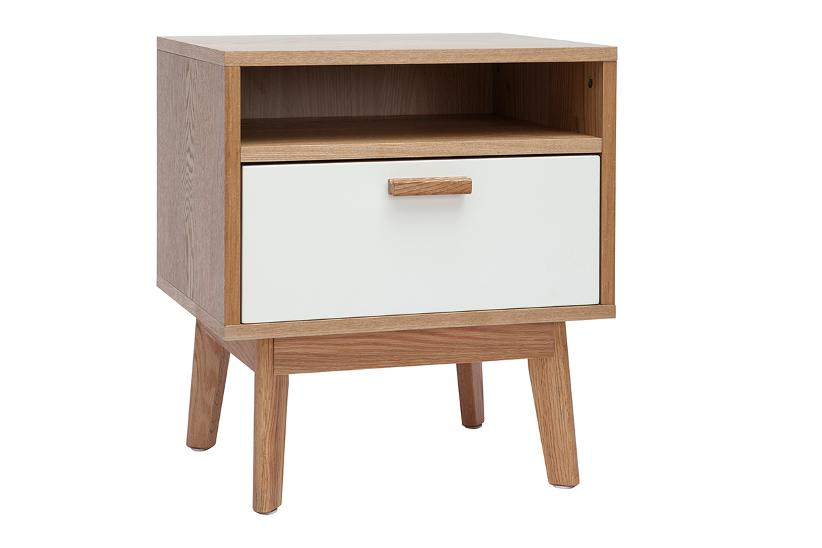 Table de chevet design scandinave blanc et ch�ne HELIA