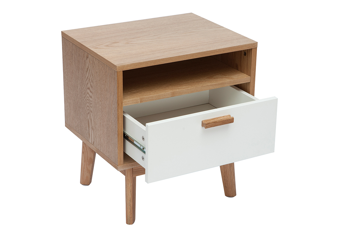 Table de chevet design scandinave blanc et ch�ne HELIA