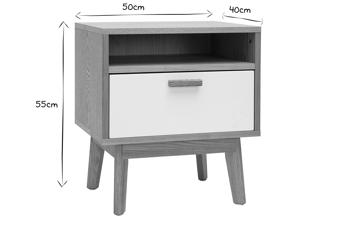 Table de chevet design scandinave blanc et ch�ne HELIA