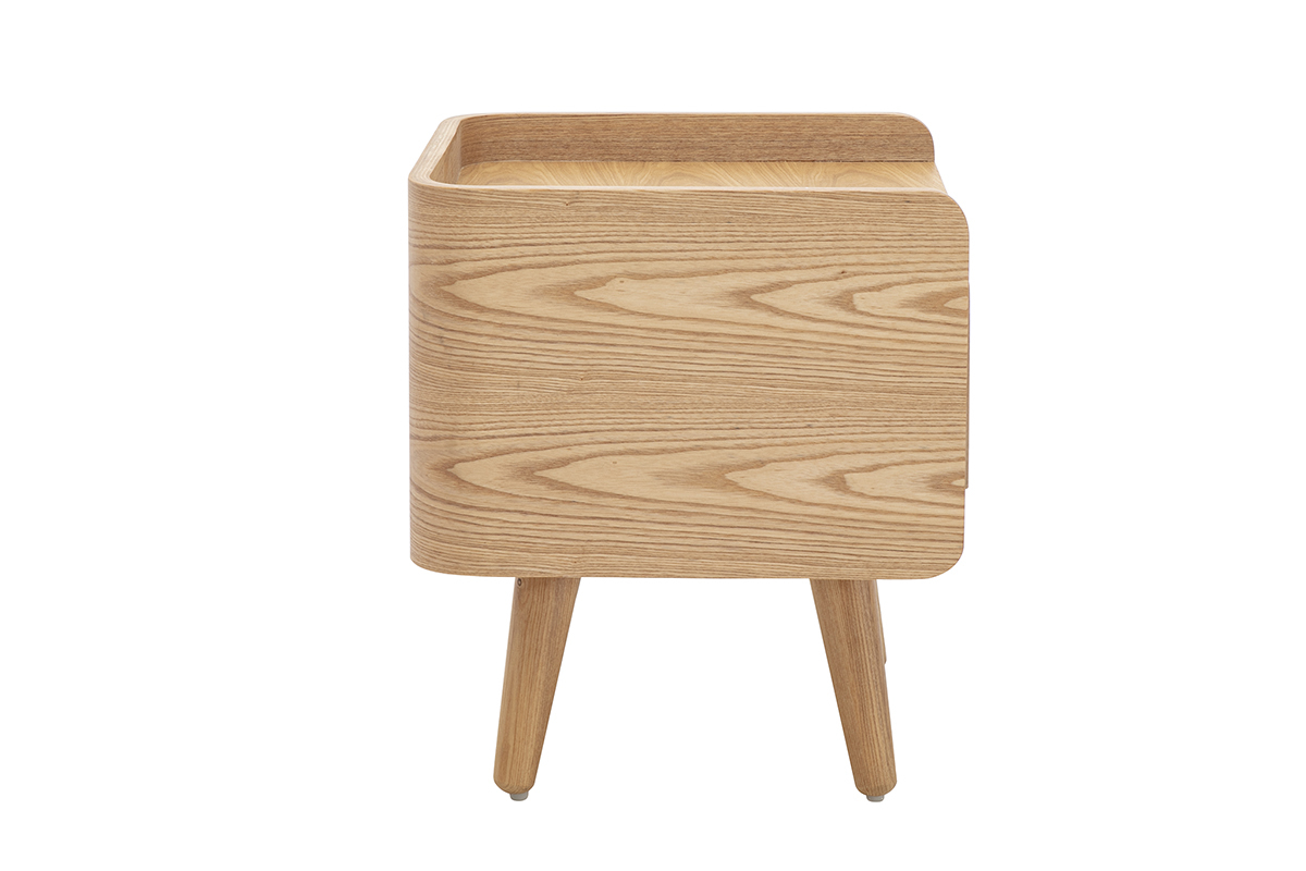 Table de chevet en bois clair fr�ne avec tiroir en cannage rotin, vue de profil