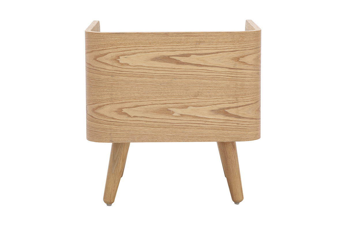 Table de chevet en bois clair fr�ne et cannage rotin, vue de dos, avec pieds compas.
