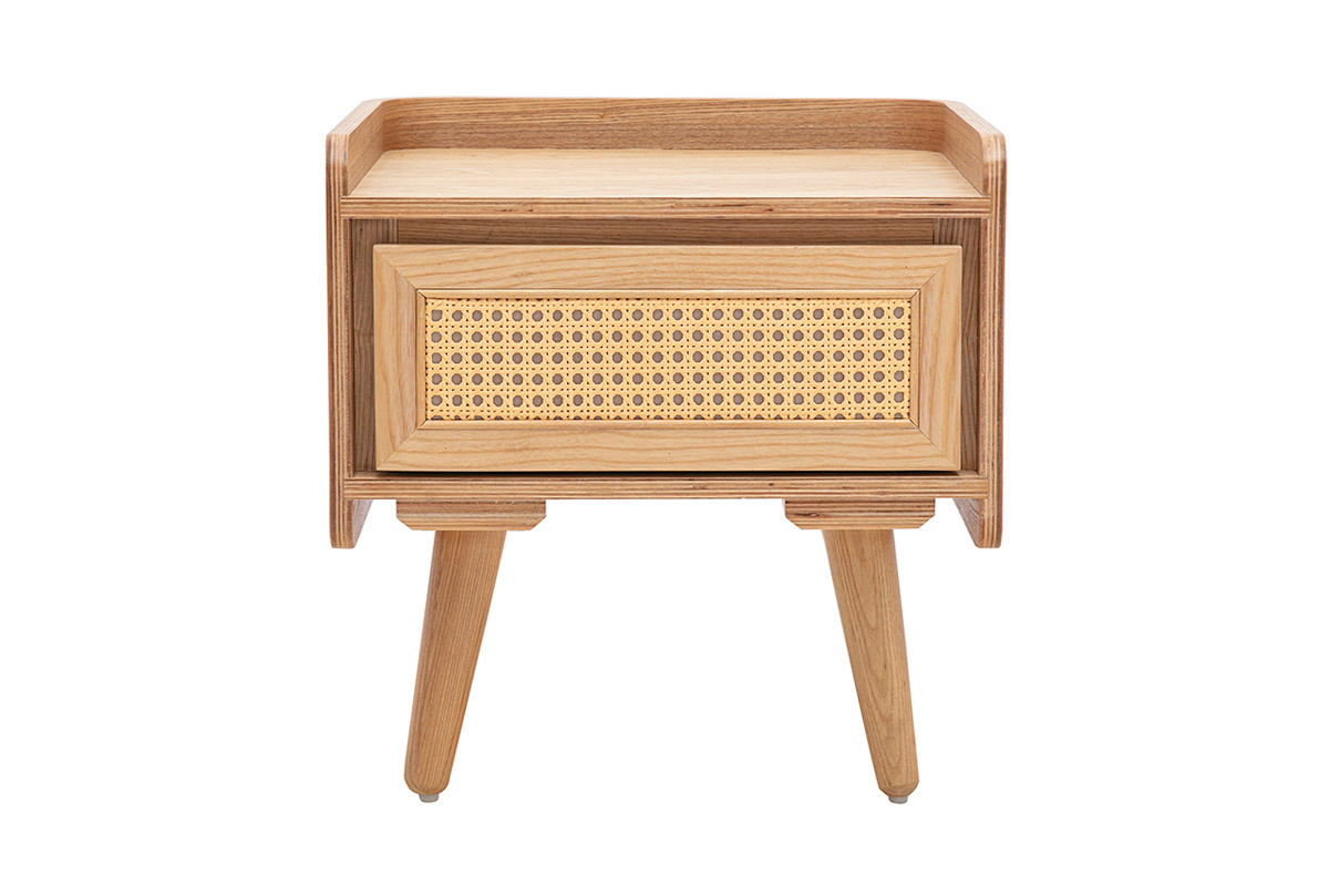 Table de chevet en bois clair fr�ne avec tiroir en cannage rotin, vue de face