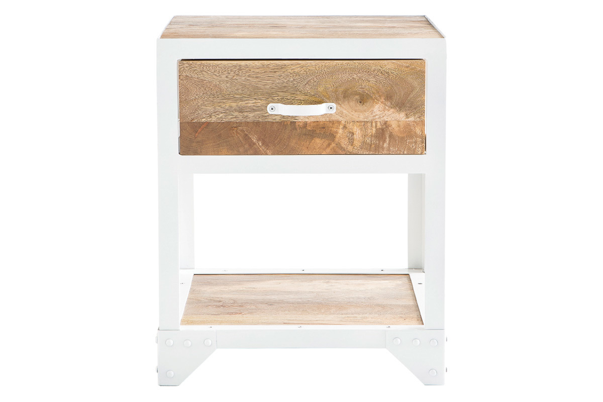 Table de chevet en manguier massif et m�tal blanc PUKKA