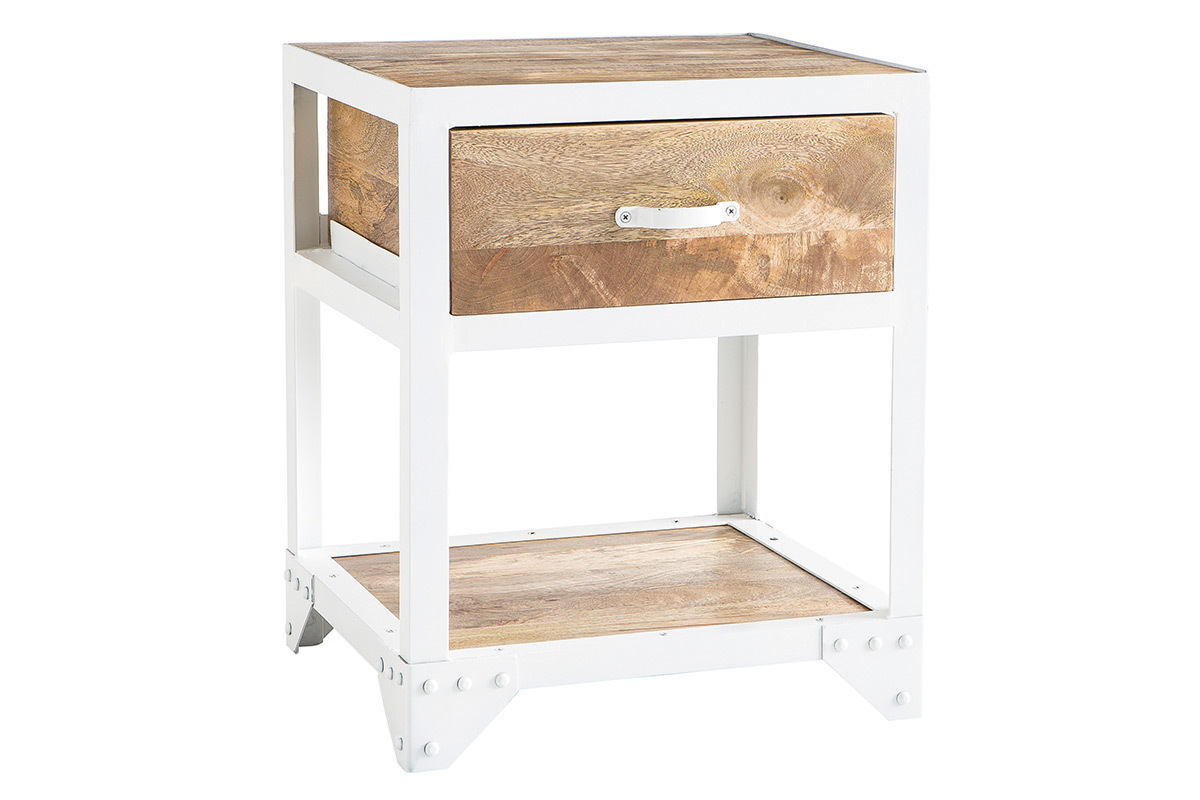 Table de chevet en manguier massif et m�tal blanc PUKKA