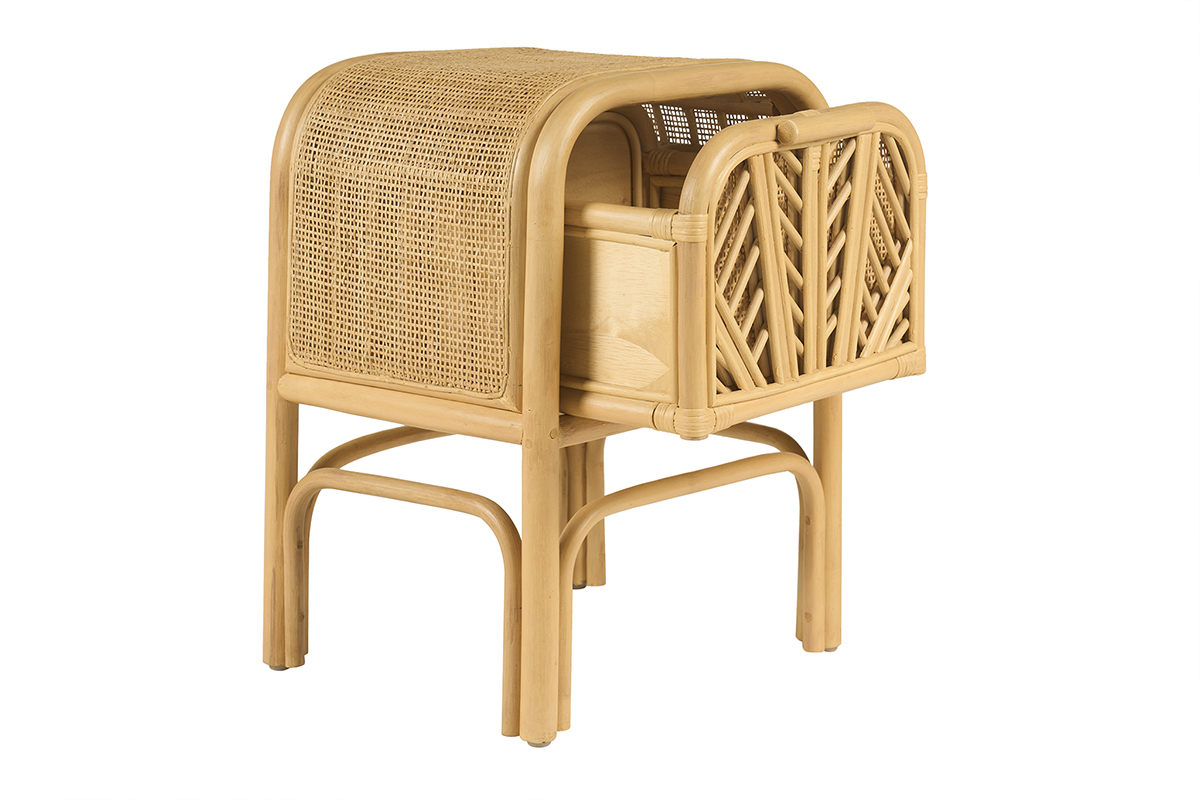 Table de chevet en rotin GALON, vue de c�t�, avec tiroir ouvrag�.