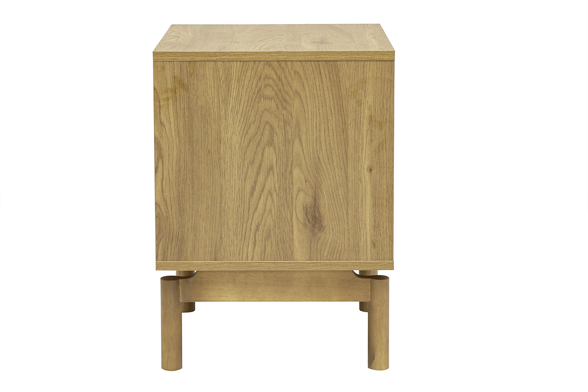 Table de chevet YSEULT en bois ch�ne vue de profil avec deux tiroirs et pieds cylindriques.