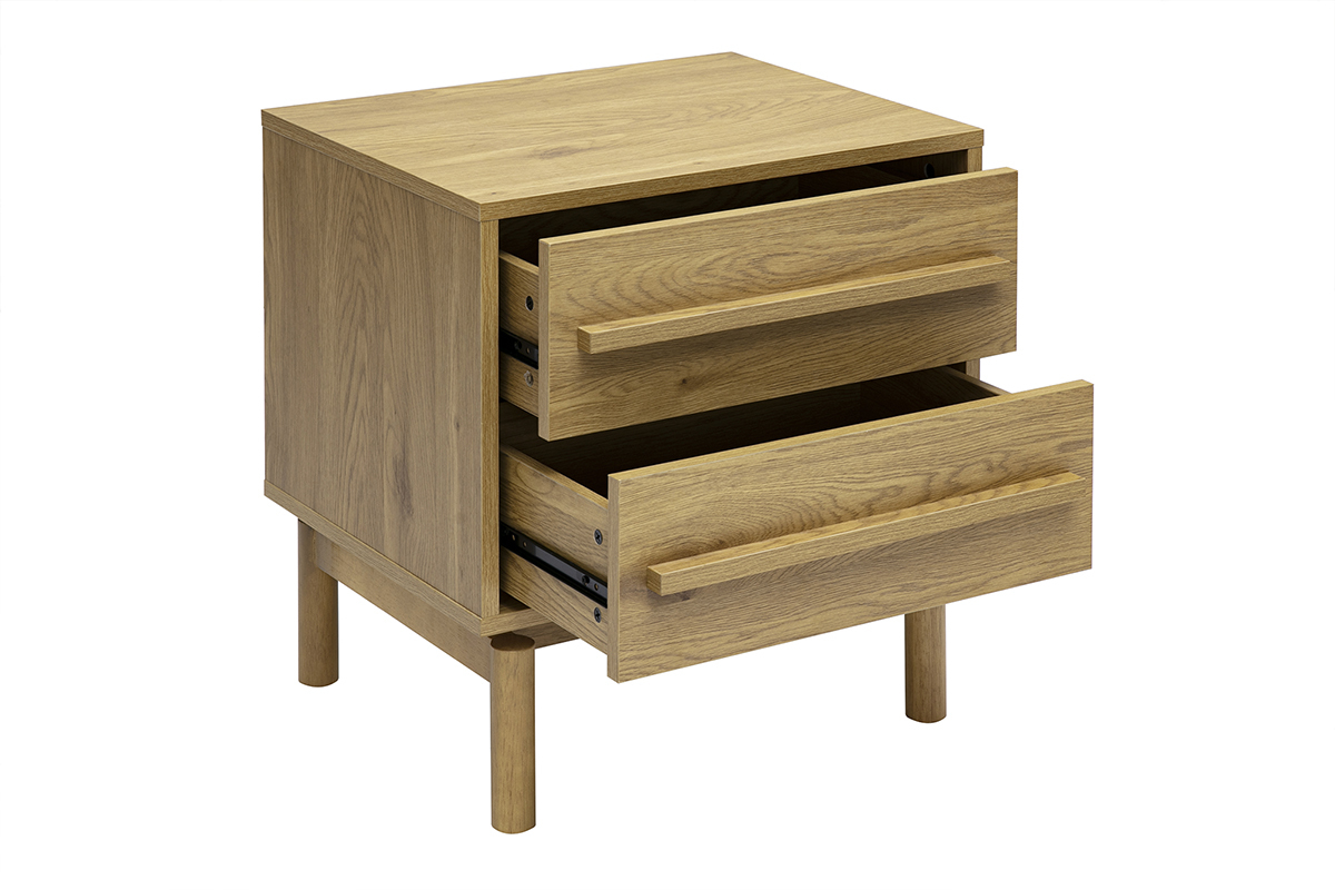Table de chevet en bois ch�ne avec deux tiroirs, vue de trois-quarts, pieds cylindriques.