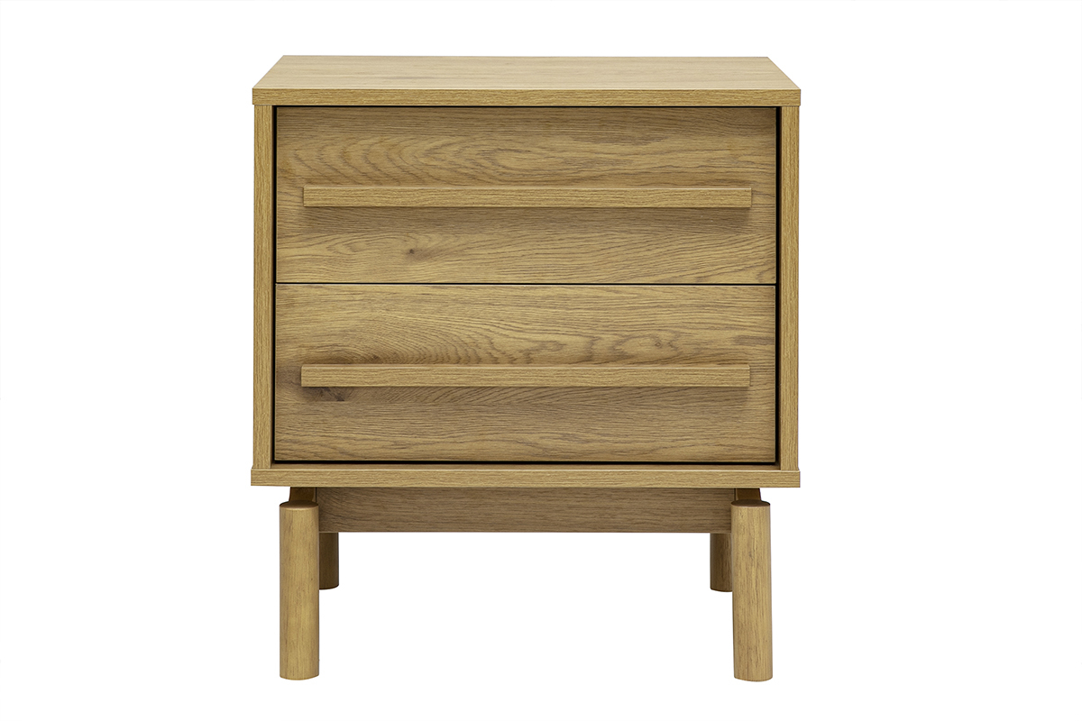 Table de chevet finition bois ch�ne avec 2 tiroirs, vue de face, design scandinave.