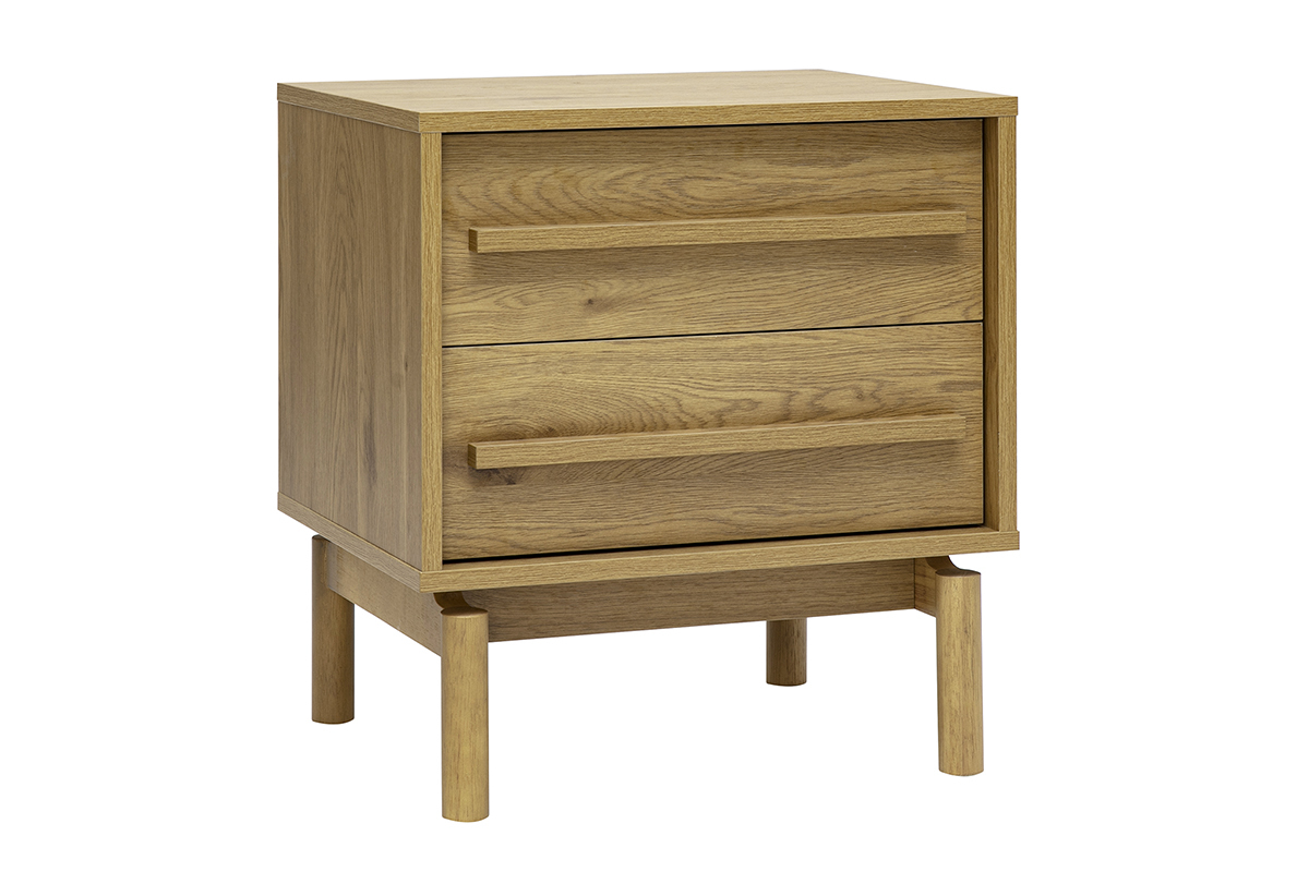 Table de chevet en bois ch�ne avec 2 tiroirs, vue de trois quarts