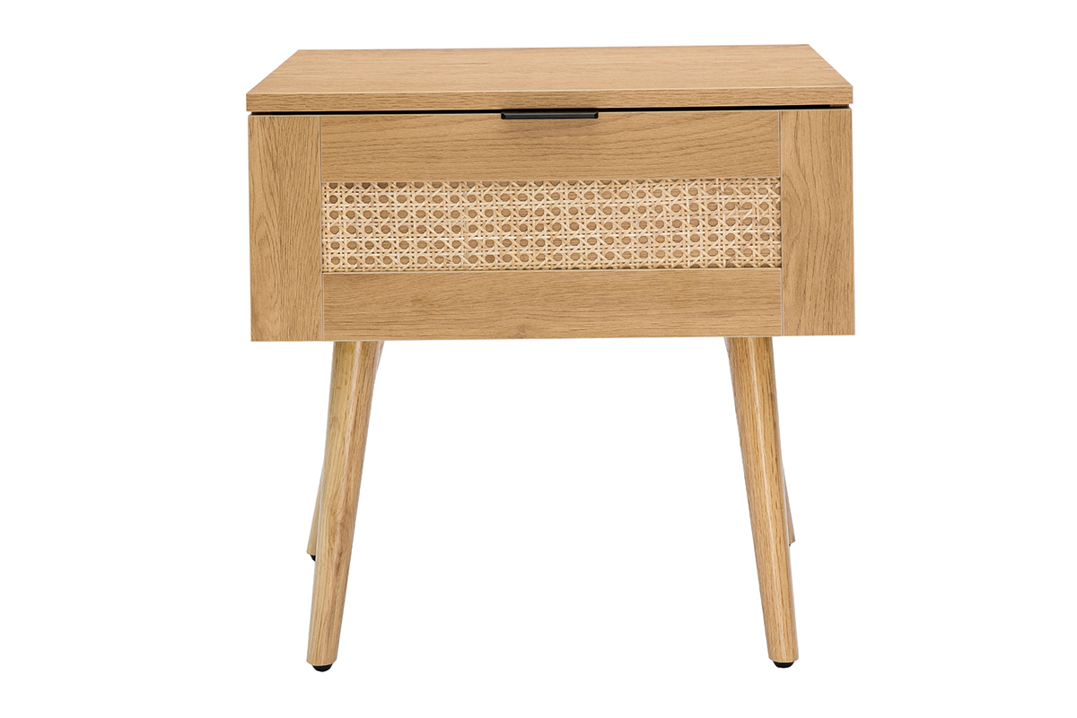 Table de chevet finition bois clair, cannage rotin et mtal noir MANILLE